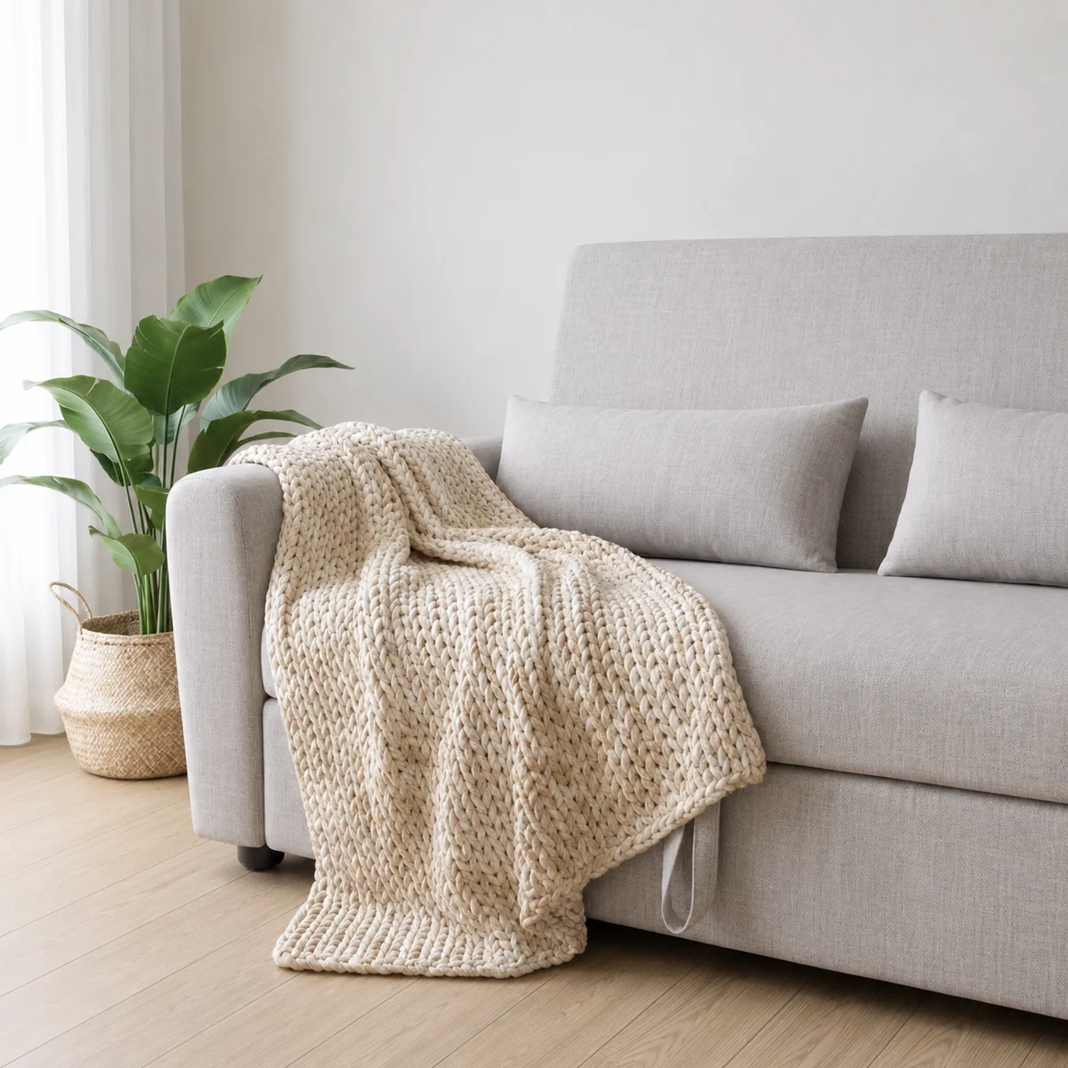 Detalle del Sof&aacute; Cama NORA con cojines decorativos y manta