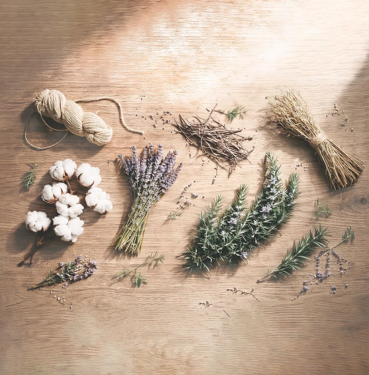 Composición de algodón, lana, cáñamo, romero, lavanda y posidonia sobre madera, imagen general de la familia Mediterranean