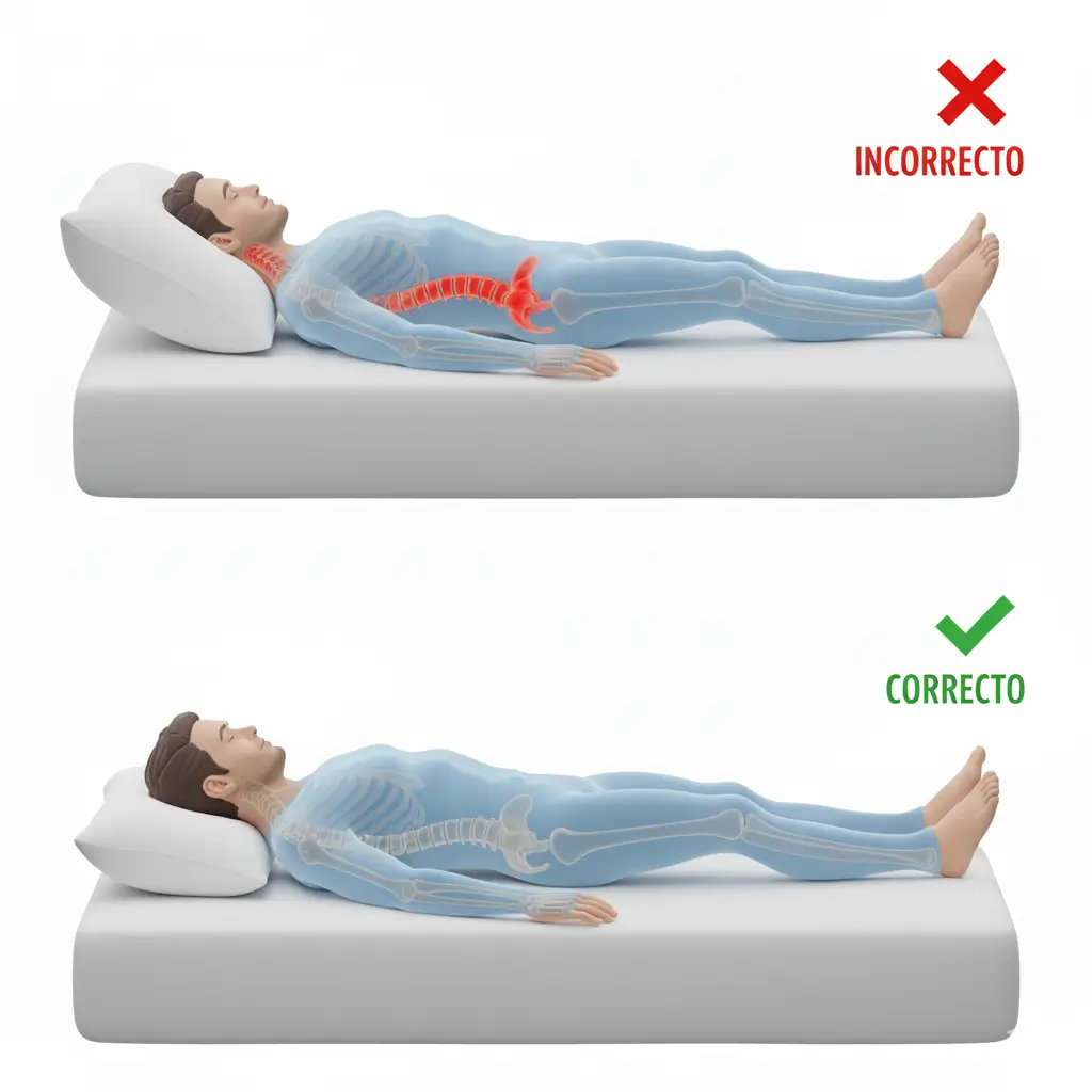 Comparativa de postura incorrecta y correcta al dormir, mostrando la alineación ideal de la columna con un colchón adecuado para evitar dolores de espalda.