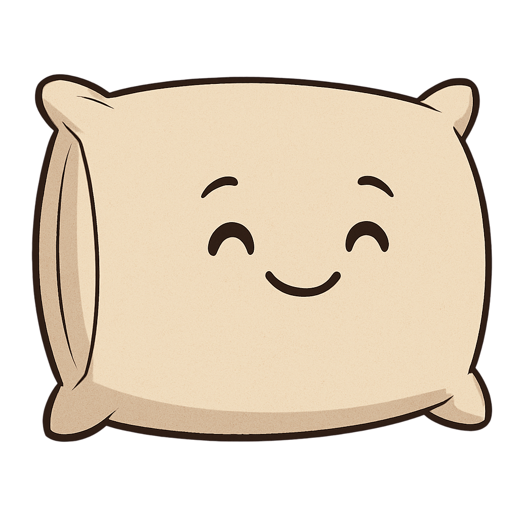 Almohada con expresión sonriente que representa comodidad, buen descanso y apoyo cervical adecuado durante el sueño.