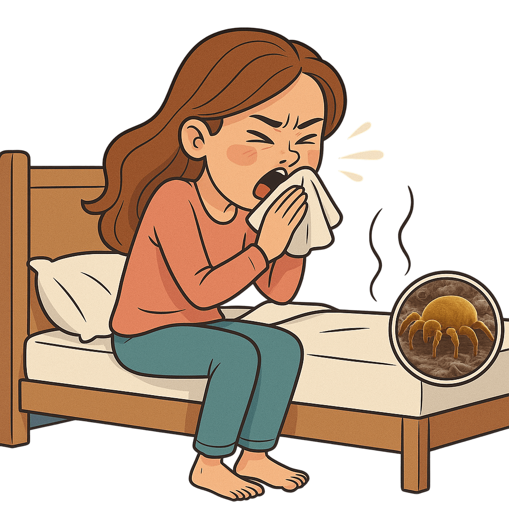 Mujer con alergia provocada por ácaros del polvo acumulados en un colchón sucio o sin mantenimiento adecuado.