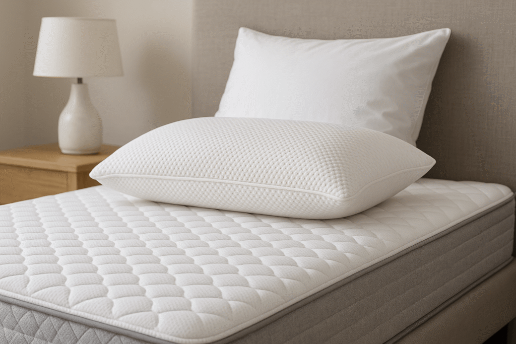 Colchón y almohada viscoelástica sobre cama moderna en dormitorio acogedor, mostrando textura y confort del material para un descanso ergonómico