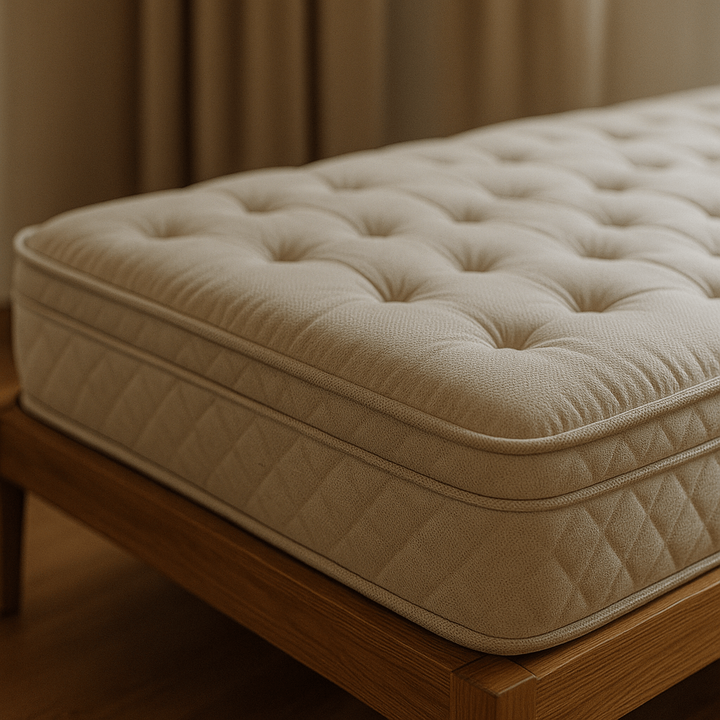 Imagen hiperrealista de un colchón de alta calidad sobre base de madera, ideal para artículos sobre duración y confort de los colchones