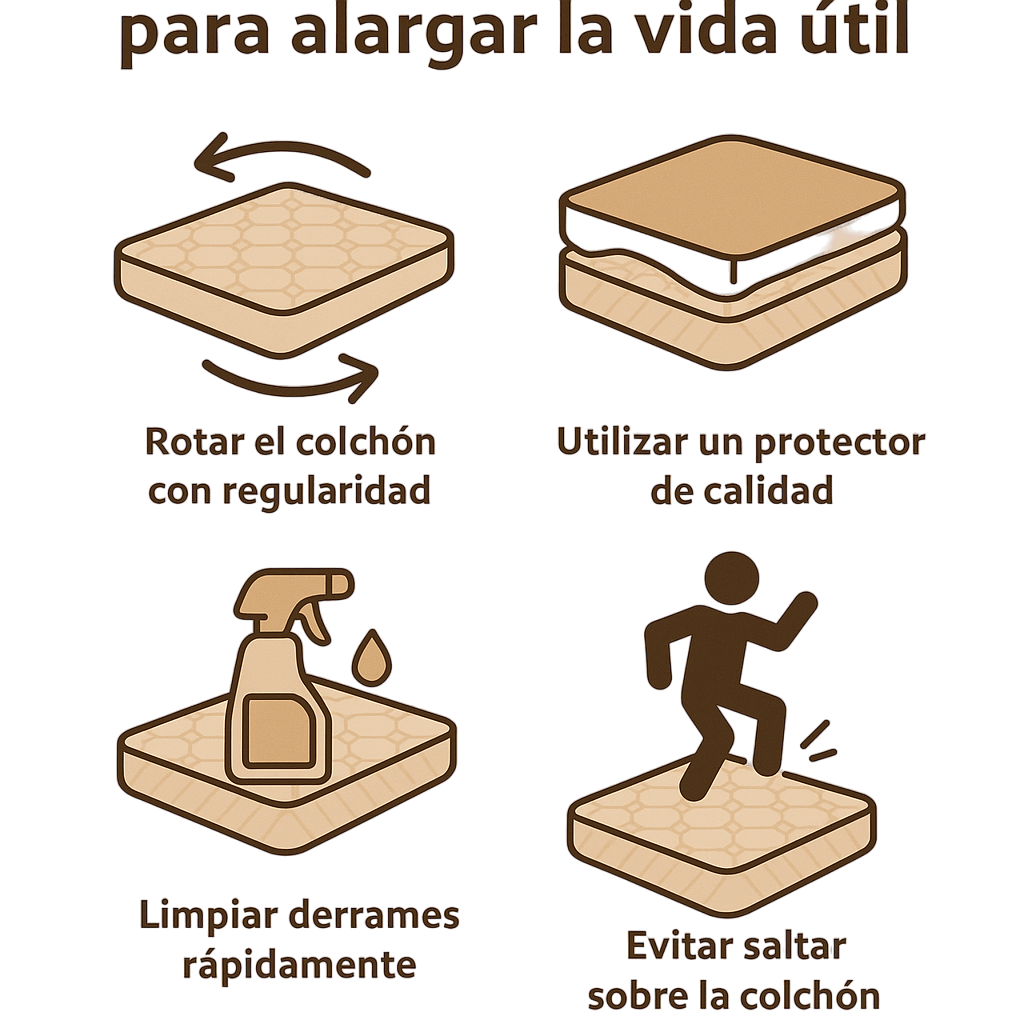 Infografía con consejos para alargar la vida útil de un colchón viscoelástico, mostrando rotación periódica, uso de protector, ventilación y mantenimiento adecuado del colchón