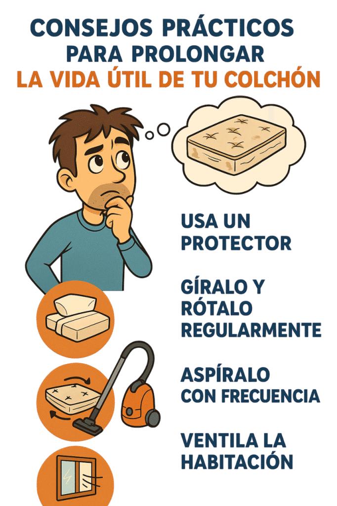 Consejos prácticos para prolongar la vida útil del colchón: usa un protector, gíralo y rótalo regularmente, aspíralo y ventila la habitación.