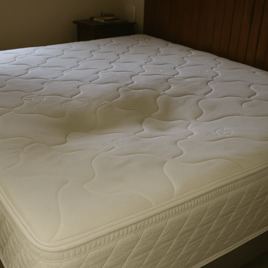 Colchón con hundimientos y deformaciones visibles que indican pérdida de firmeza y necesidad de reemplazo para mejorar el descanso.