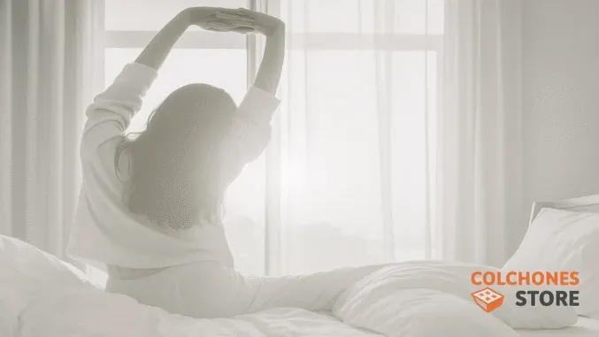 Mujer estirándose plácidamente en una cama iluminada por el sol, representando el despertar con energía y sin dolores tras dormir en un colchón de Colchones Store. Ilustra las opiniones positivas sobre el descanso antiestrés.