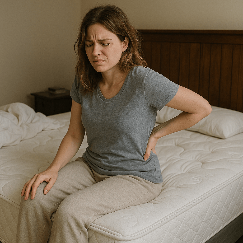 Mujer con dolor de espalda al despertar, causada por dormir en un colchón viejo o con falta de soporte lumbar adecuado.