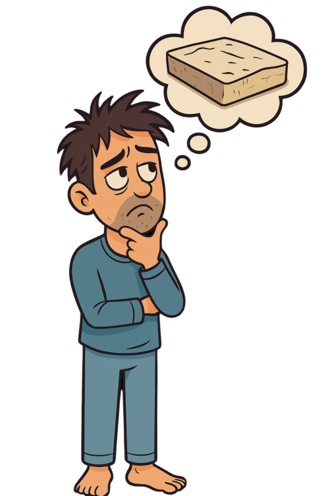 Hombre pensativo que se pregunta si debe cambiar su colchón por uno nuevo debido al desgaste y la falta de comodidad.