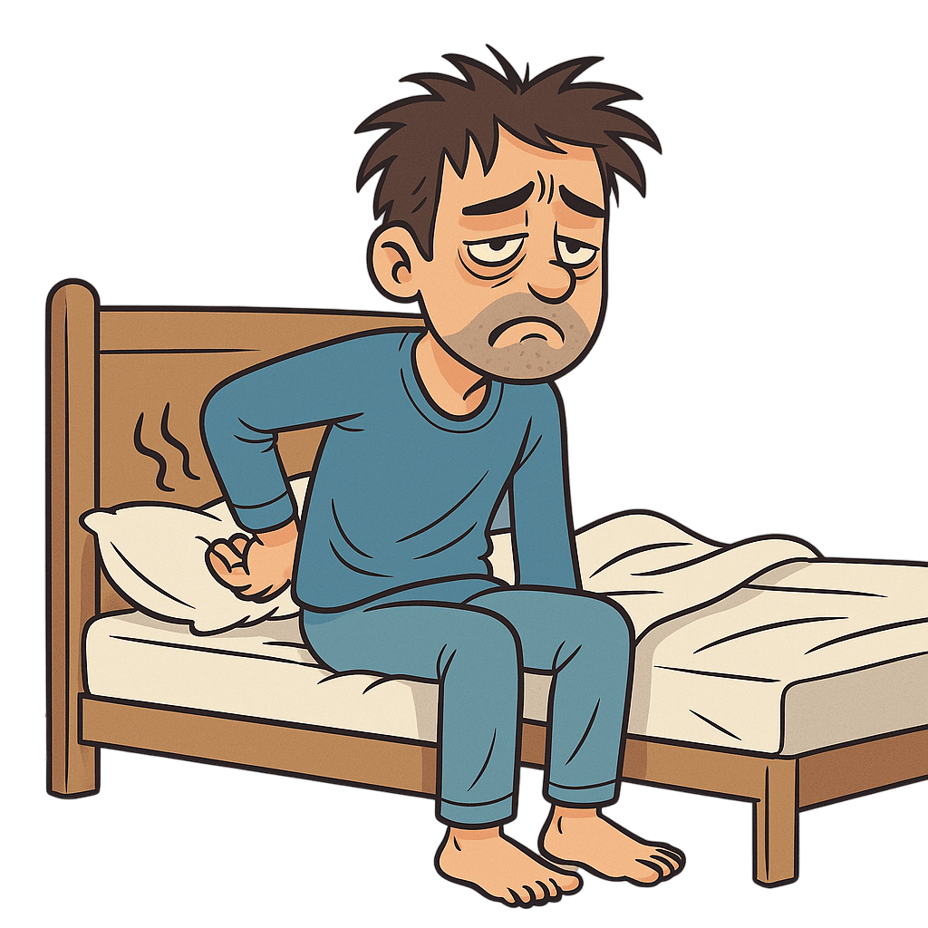 Hombre con dolor de espalda al despertar debido a un colchón en mal estado que no ofrece el soporte adecuado para dormir bien.