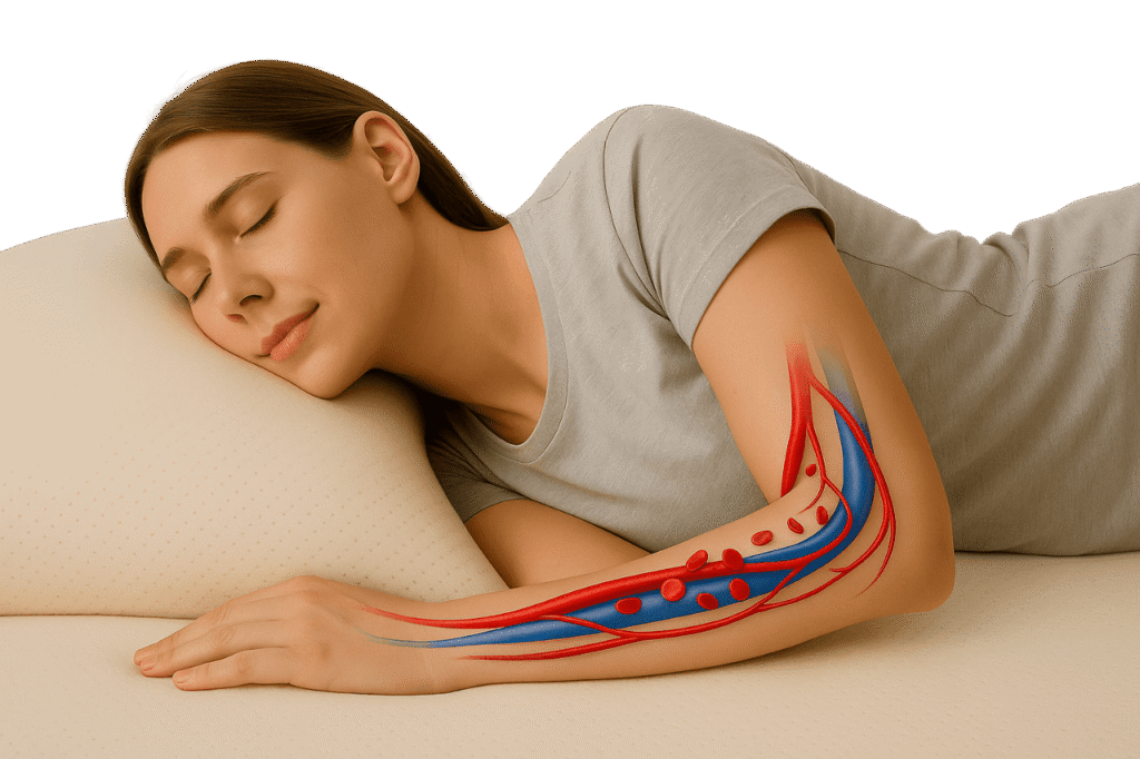 Persona durmiendo plácidamente sobre colchón viscoelástico que favorece la circulación sanguínea, mostrando descanso saludable y bienestar corporal