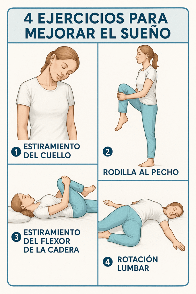 Ejercicios para mejorar el sueño: mujer haciendo estiramientos y posturas relajantes antes de dormir.
