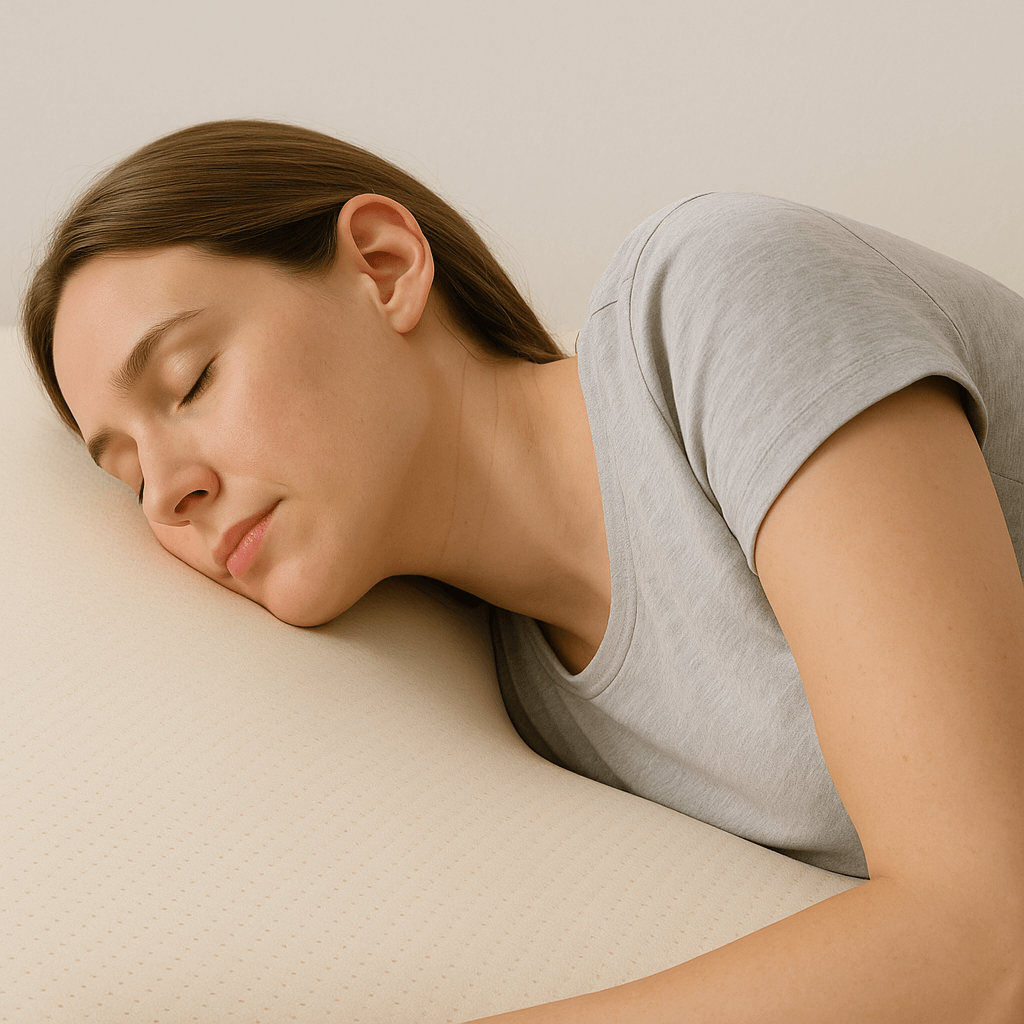 Persona descansando sobre colchón viscoelástico que se adapta a la forma del cuerpo, mostrando la comodidad y soporte del material para un sueño reparador