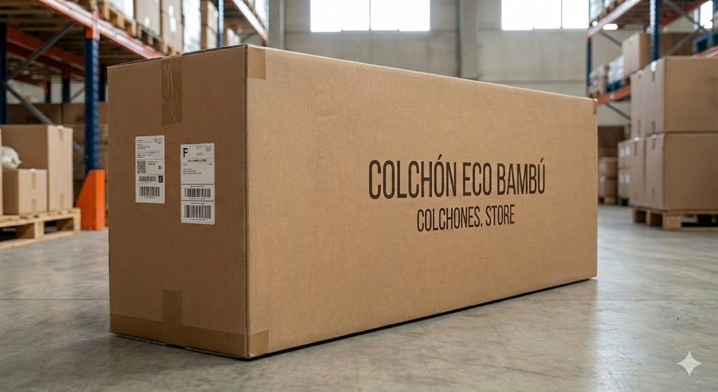 "Caja original cerrada de Colchón Eco Bambú de Colchones.Store. Producto nuevo a estrenar, precintado de fábrica y listo para transporte fácil. Embalaje en perfecto estado sin golpes."