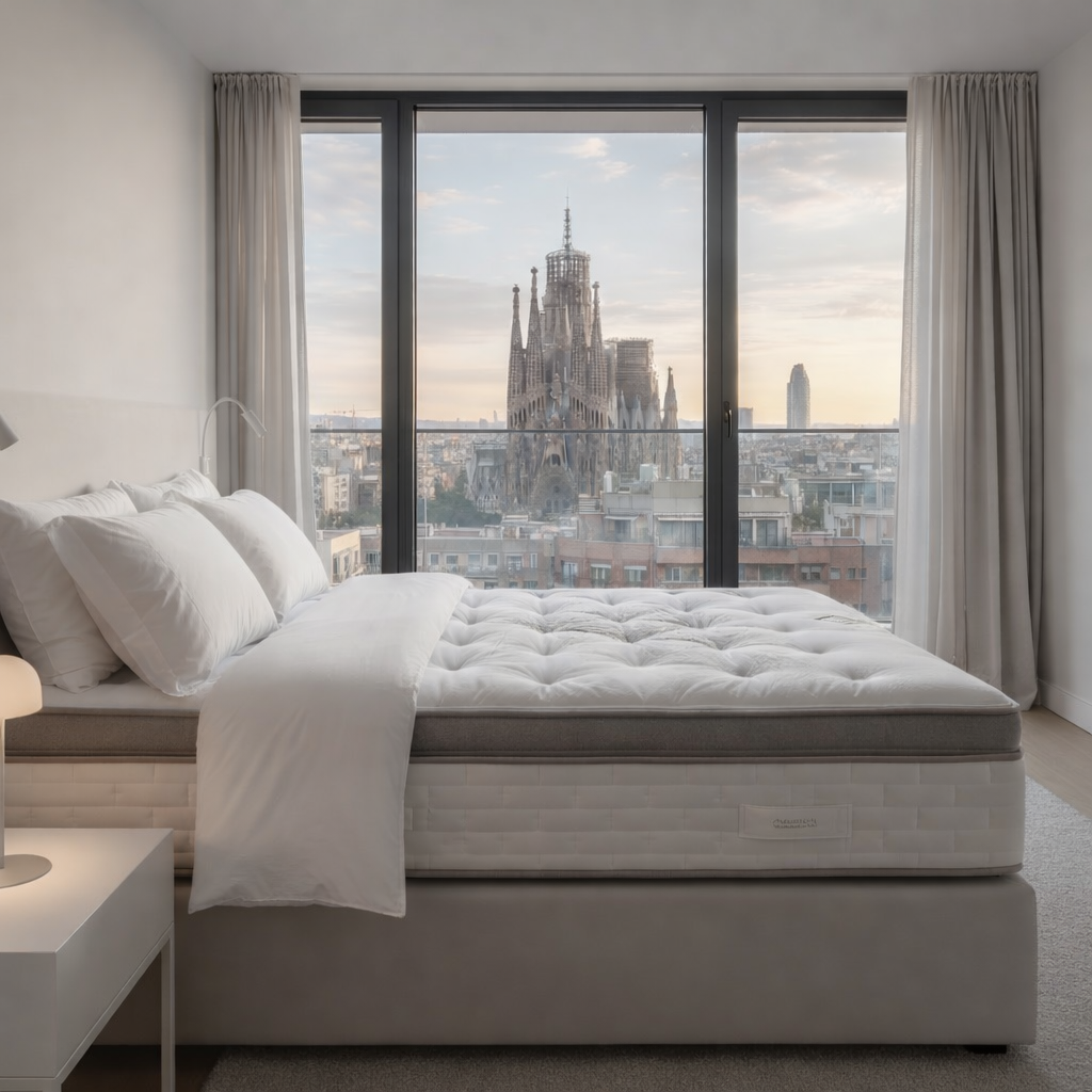 Colchón premium en un dormitorio moderno con vistas a la Sagrada Familia de Barcelona, diseñado para ofrecer un descanso exclusivo, cómodo y de alta calidad.