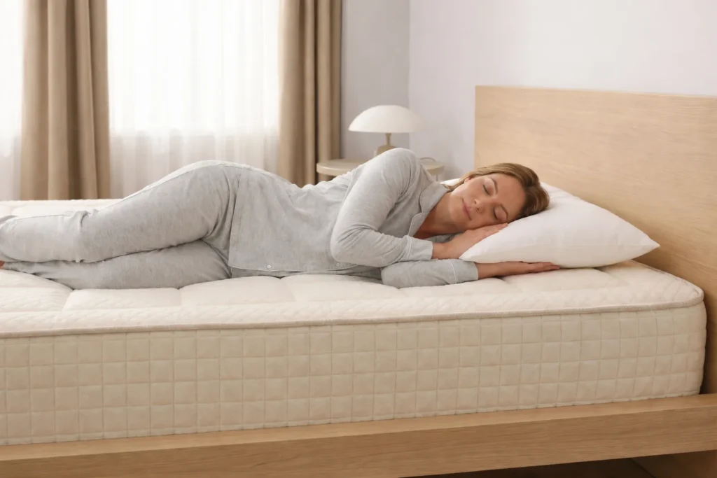 Mujer durmiendo cómodamente de lado sobre el colchón ViscoCarbono 30cm con núcleo Eliocell 35K, demostrando su adaptabilidad para aliviar puntos de presión.