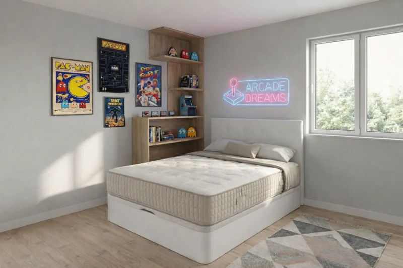 Colchón ViscoCarbono 30cm con núcleo Eliocell 35K de alta densidad sobre canapé abatible blanco en un dormitorio juvenil con decoración gamer.