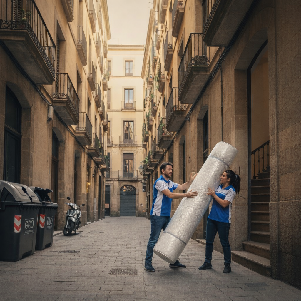 Entrega de colchones en Barcelona realizada por profesionales en una calle estrecha del centro histórico, mostrando un servicio de logística urbana eficiente y cuidadoso.
