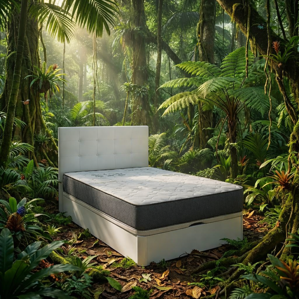 Cama de almacenamiento blanca con colchón gris situada en medio de una selva africana hiperrealista, rodeada de helechos y vegetación tropical, con luz solar filtrada.