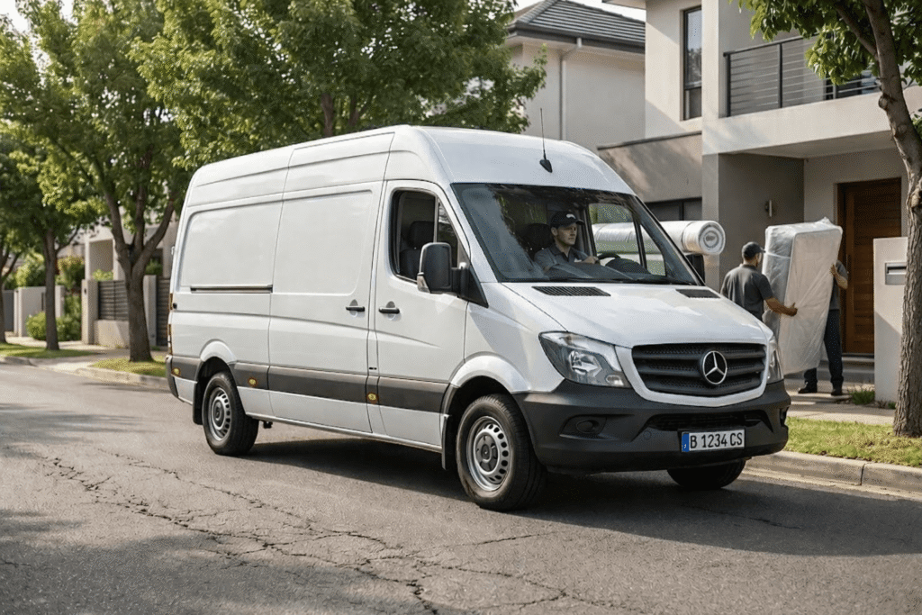 Furgoneta blanca de reparto de colchones estacionada frente a una casa mientras dos operarios descargan un colchón. Ilustra el servicio de envío y montaje de colchones en Barcelona.