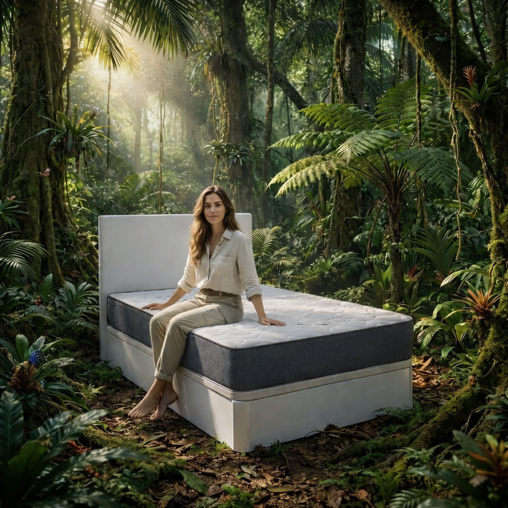 Mujer sentada sobre una cama con canapé abatible blanco y colchón viscoelástico gris y blanco, ubicada en medio de una selva tropical exuberante con luz solar filtrada, representando un descanso natural y ecológico.