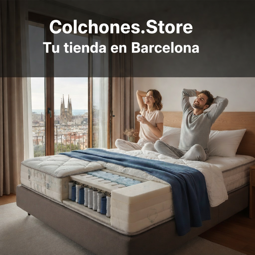 Tienda de colchones en Barcelona Colchones.Store con colchón de alta calidad y corte interno visible, mostrando sus capas y muelles ensacados para un descanso cómodo y saludable.