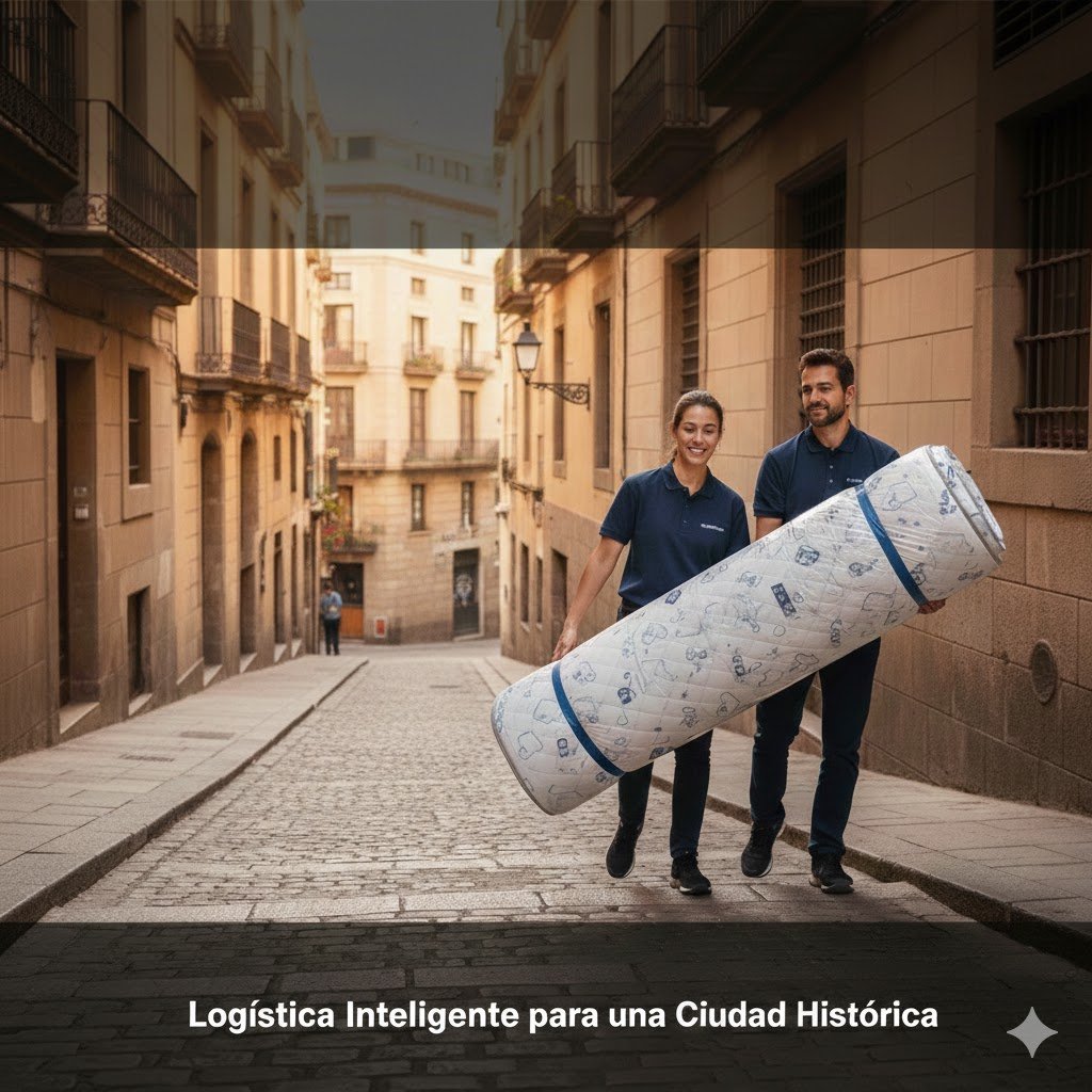 Entrega de colchones en Barcelona realizada por profesionales a pie en una calle histórica, mostrando un servicio de logística urbana eficiente y respetuoso con el entorno.