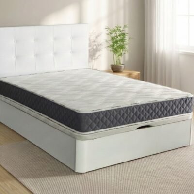 Vista principal del Pack Nature: Canapé abatible de madera blanca con cabecero a juego y colchón viscoelástico Eco Bambú gris y blanco, ubicado en un dormitorio luminoso.