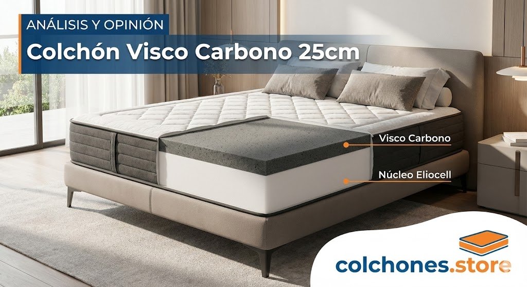 Imagen destacada para el análisis y opinión del Colchón Visco Carbono 25cm de colchones.store. Muestra un corte transversal del colchón en un dormitorio, revelando las capas internas etiquetadas como "Visco Carbono" y "Núcleo Eliocell".
