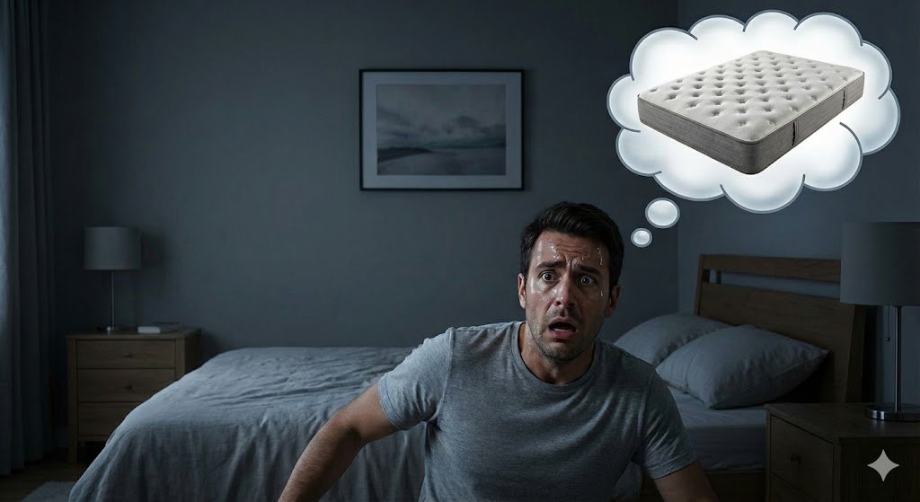 Hombre con cara de terror y sudando en su habitación, imaginando con miedo en una burbuja de pensamiento que el colchón que va a comprar será demasiado duro o una piedra.