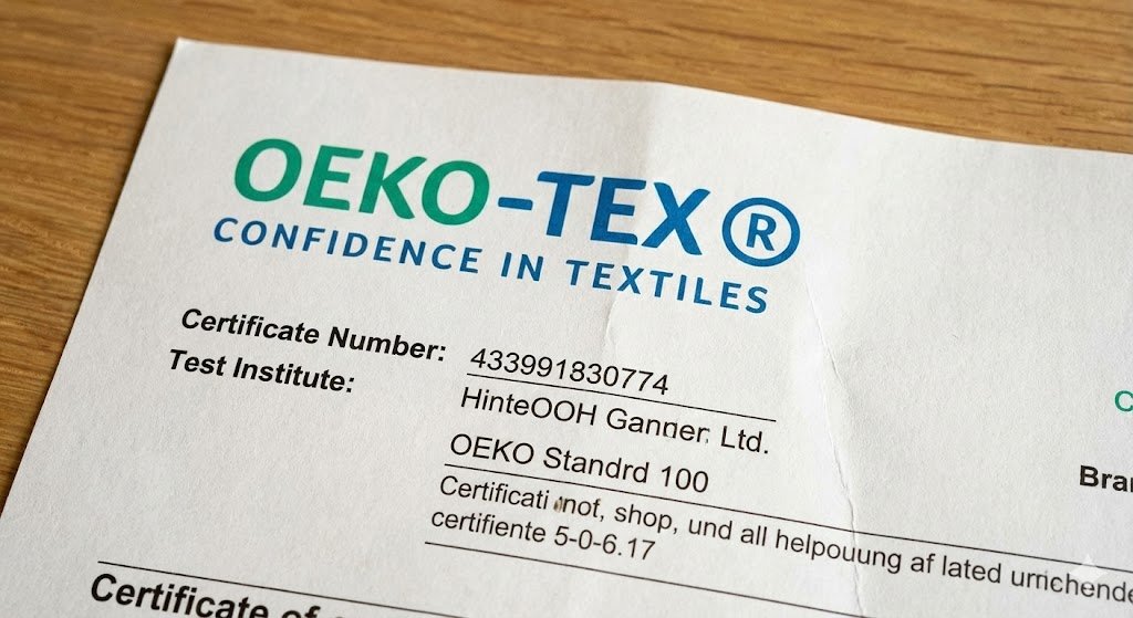 Imagen en primer plano del Certificado Oeko-Tex Standard 100, con el número 433991830774, que garantiza que los materiales textiles del colchón ViscoCarbono están libres de sustancias nocivas.