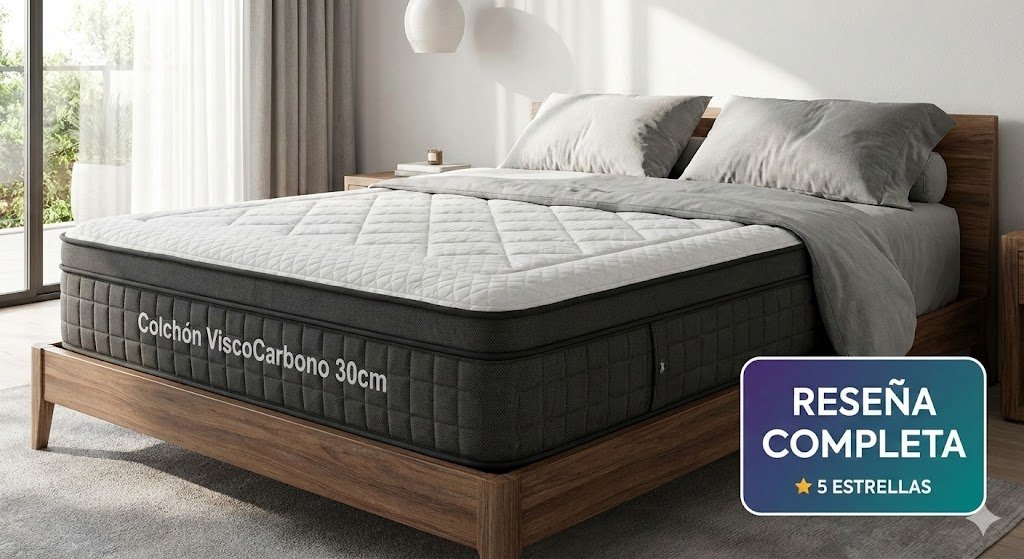 Imagen destacada para la reseña completa del Colchón ViscoCarbono 30cm con núcleo Eliocell 35K, situado en un dormitorio moderno y mostrando una insignia con la valoración de 5 estrellas.