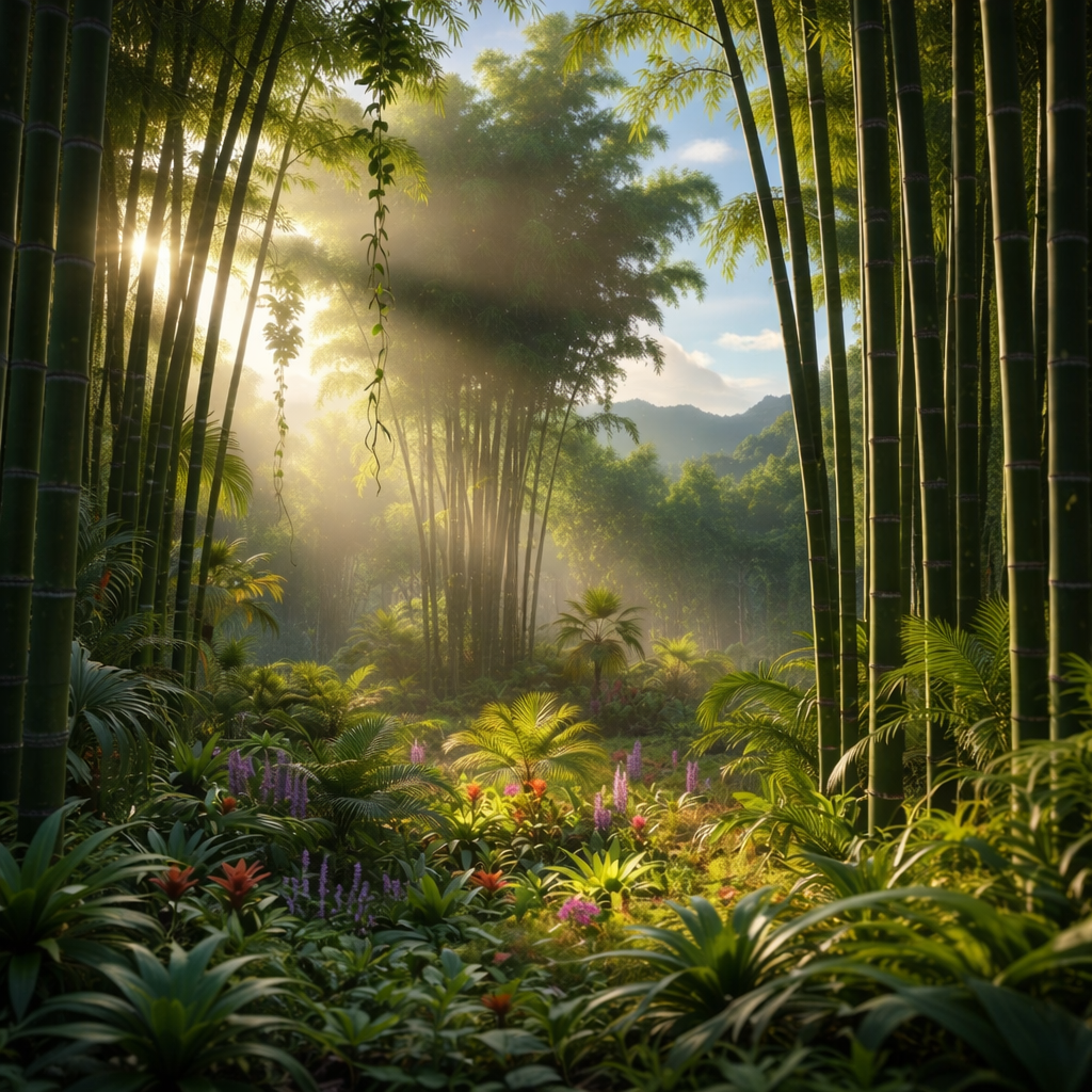 Bosque denso de cañas de bambú verde bajo la luz solar filtrada en un entorno tropical, representando el origen natural y las propiedades refrescantes de las fibras de bambú usadas en descanso.