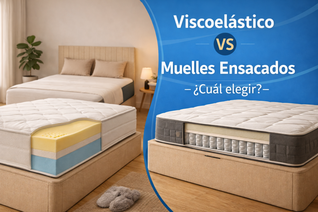 Comparativa entre colchón viscoelástico y colchón de muelles ensacados en dormitorio moderno, mostrando corte interior de ambos colchones para elegir el mejor colchón en Barcelona