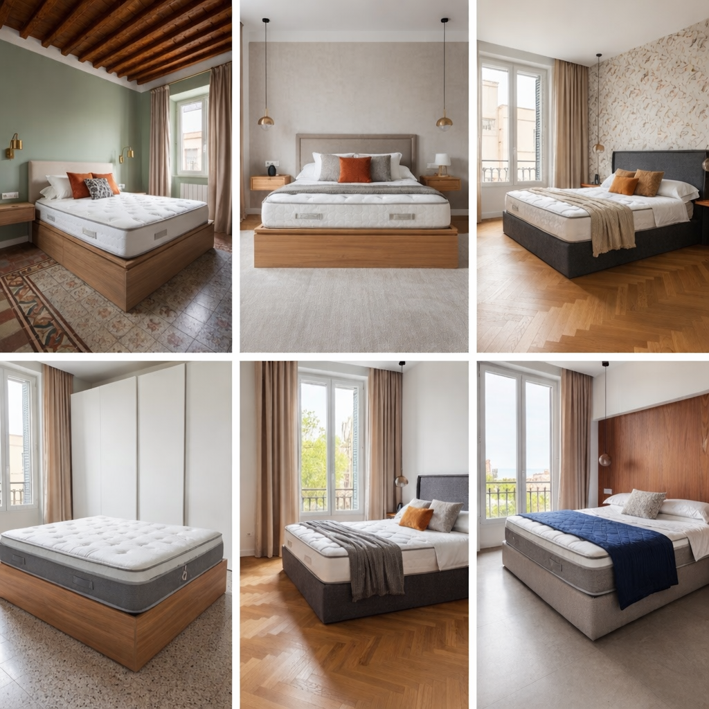 Comparativa de dormitorios modernos con diferentes camas y colchones en habitaciones de diseño contemporáneo