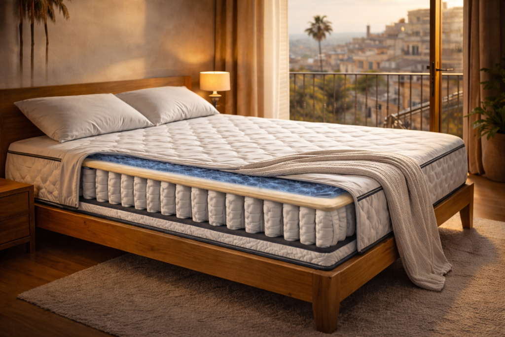 Colchón de muelles ensacados de alta calidad con corte interior visible, capas de confort y soporte, sobre cama de madera con sábana y manta doblada a los pies, en dormitorio mediterráneo luminoso