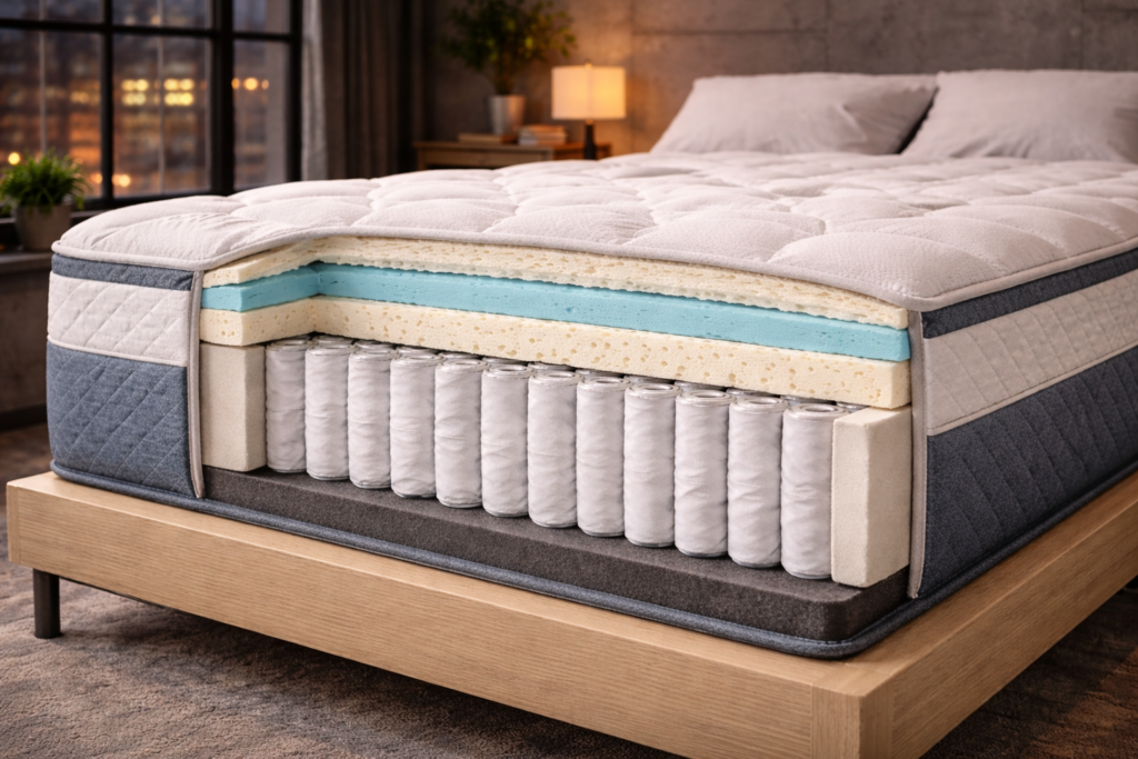 Vista en sección de un colchón de alta gama mostrando el núcleo de muelles ensacados, la capa de refuerzo perimetral y el acolchado de visco-gel azul para la disipación del calor.
