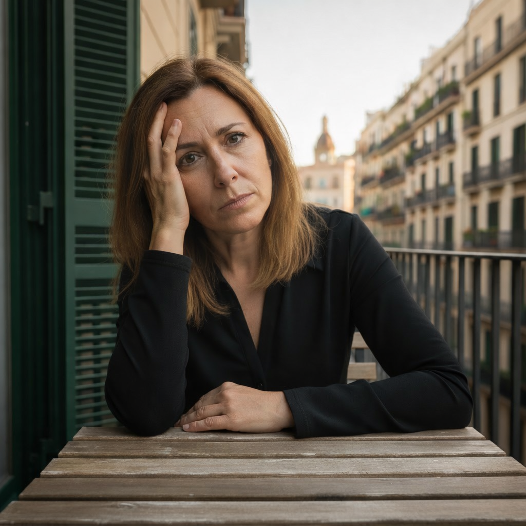 Mujer preocupada en balcón de Barcelona con expresión reflexiva al atardecer.
