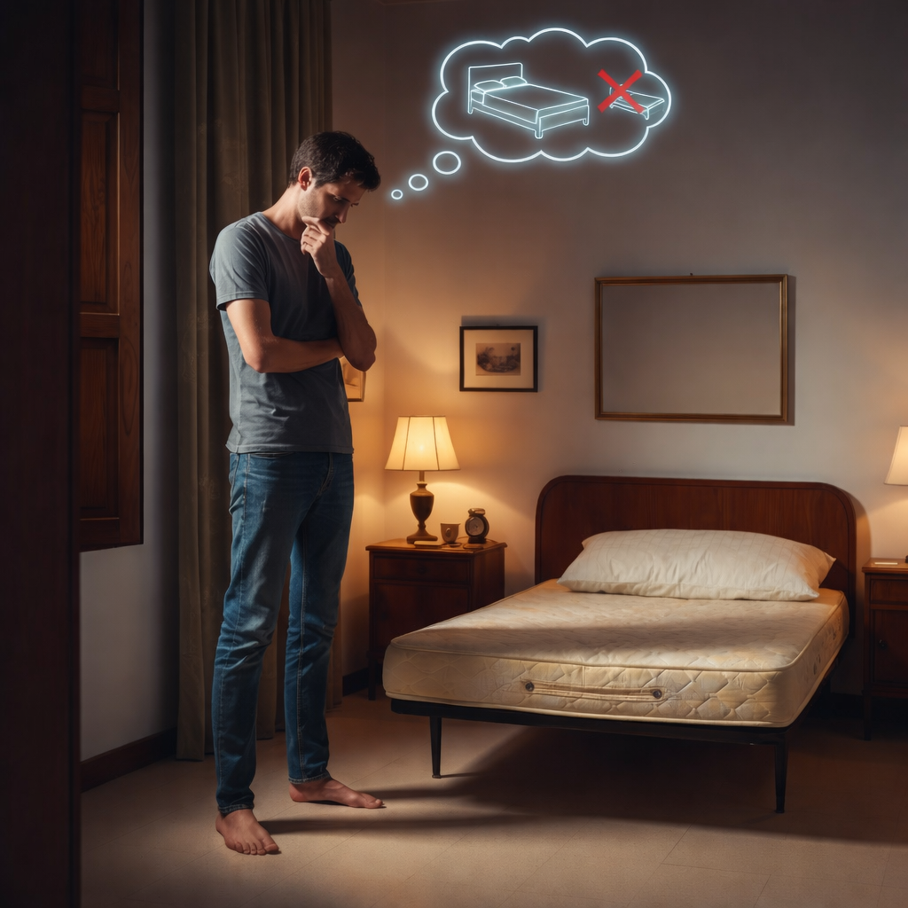 Hombre pensando en cambiar su colchón antiguo en dormitorio por problemas de descanso
