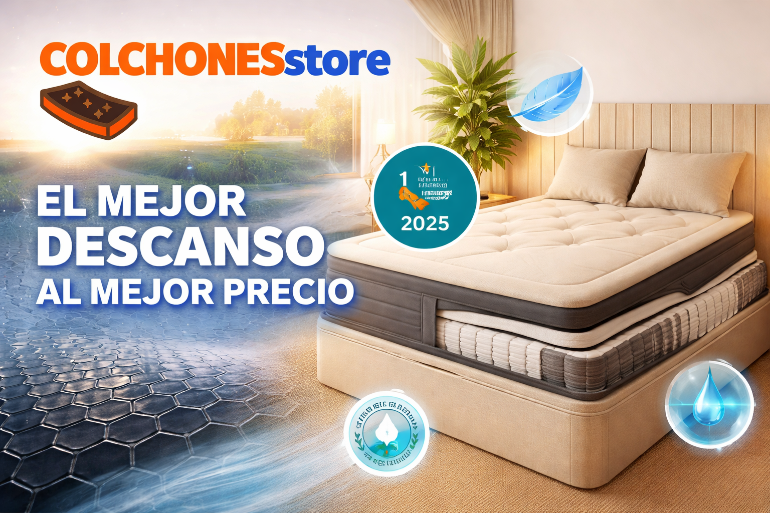Imagen de cabecera de ColchonesStore con colchón híbrido de muelles ensacados y capas de grafeno, diseñada para climas húmedos mediterráneos, alto confort, transpirabilidad y control térmico