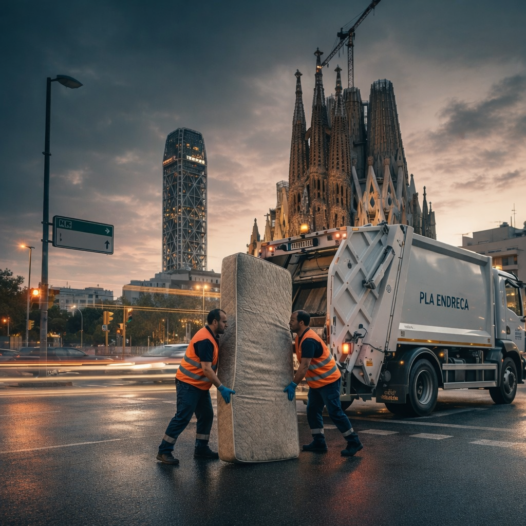 Recogida de colchón abandonado en Barcelona frente a la Sagrada Familia y la Torre Glòries dentro del Pla Endreça.