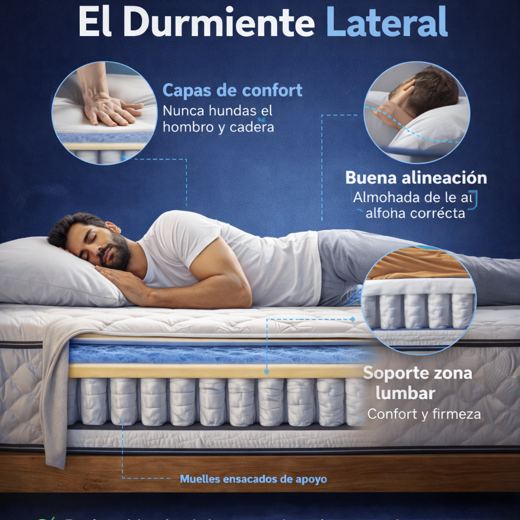 Infografía del durmiente lateral en colchón de muelles ensacados, mostrando alineación de la columna, soporte lumbar, capas de confort y alivio de presión en hombros y cadera