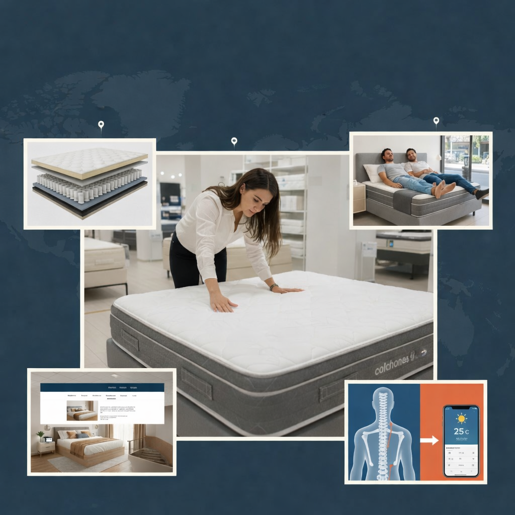 Mujer probando colchón en tienda con comparativa de capas, ergonomía y beneficios para la espalda