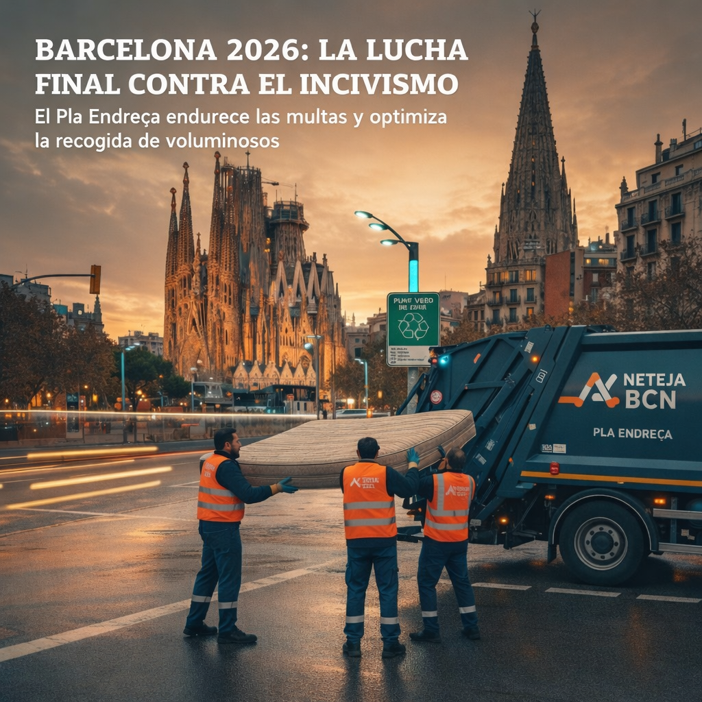 Recogida de colchón abandonado en Barcelona frente a la Sagrada Familia dentro del Pla Endreça 2026 contra el incivismo.