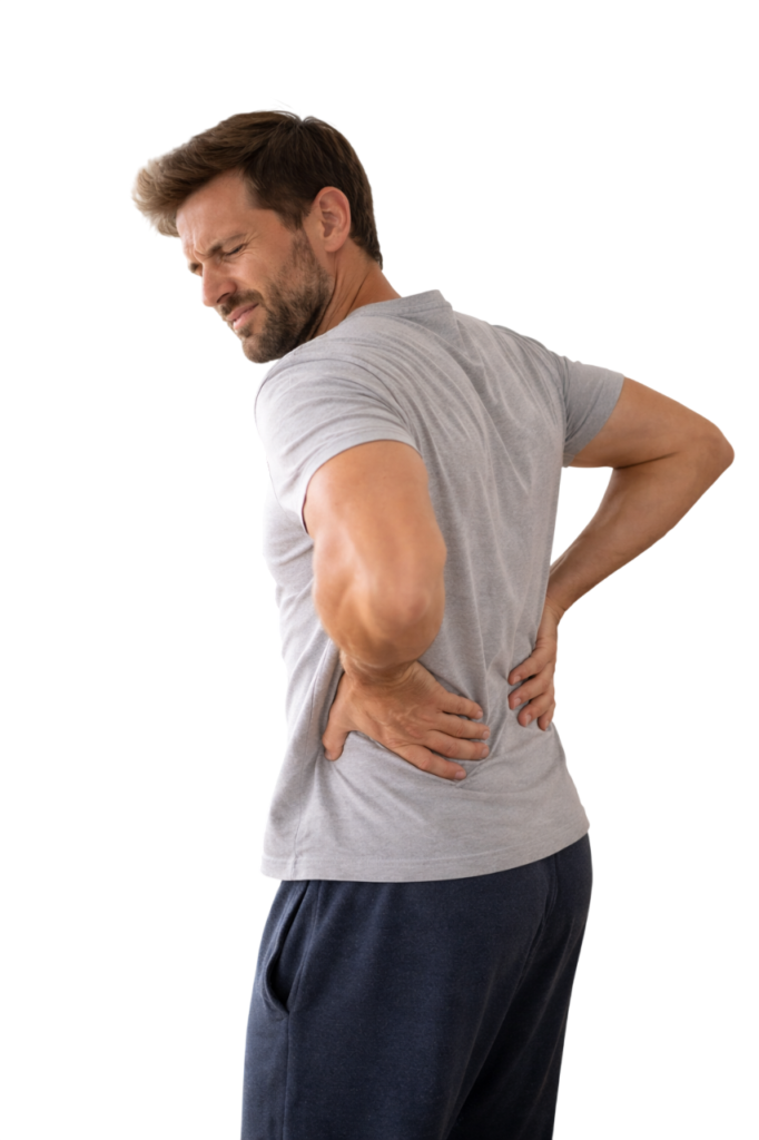 Hombre de unos 30 años con dolor de espalda y problemas de columna, sujetándose la zona lumbar en un dormitorio moderno junto a un colchón, mostrando molestias al levantarse de la cama