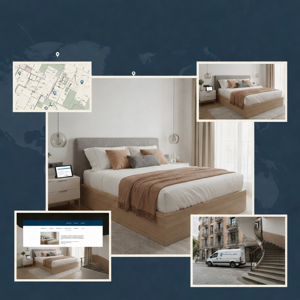 Proceso de compra de colchón online con entrega a domicilio y selección de cama de matrimonio