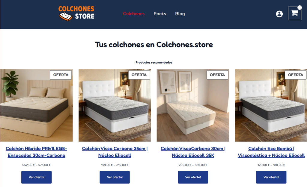 Catálogo online de colchones en oferta en Barcelona en Colchones.store con modelos híbridos, viscoelásticos y núcleo Eliocell, precios desde 120€, tienda especializada en descanso con envío rápido.