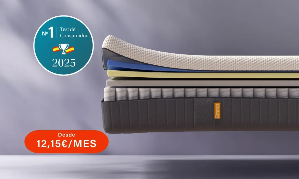 Colchón híbrido Emma con muelles ensacados y capas de espuma en vista de corte, galardonado como Nº1 en Test del Consumidor 2025, alta transpirabilidad y soporte ergonómico
