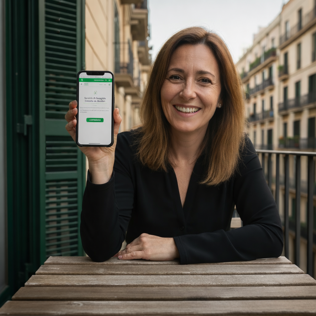 Mujer en Barcelona mostrando en su móvil la app municipal de recogida de voluminosos del Pla Endreça.