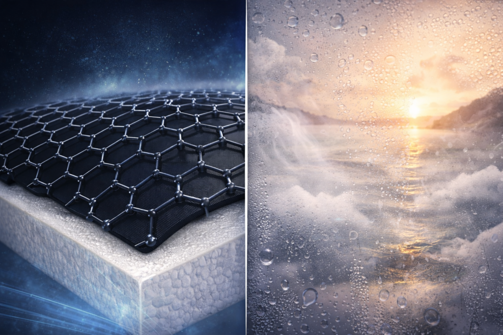 Comparativa visual entre capa de grafeno en colchón transpirable y ambiente de alta humedad mediterránea, mostrando control de temperatura, ventilación y resistencia a la humedad